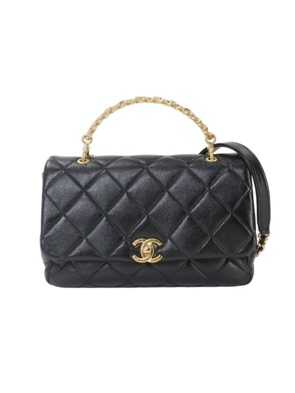 Chanel Quilted 2-Way Bag Leather Black Gold Bag